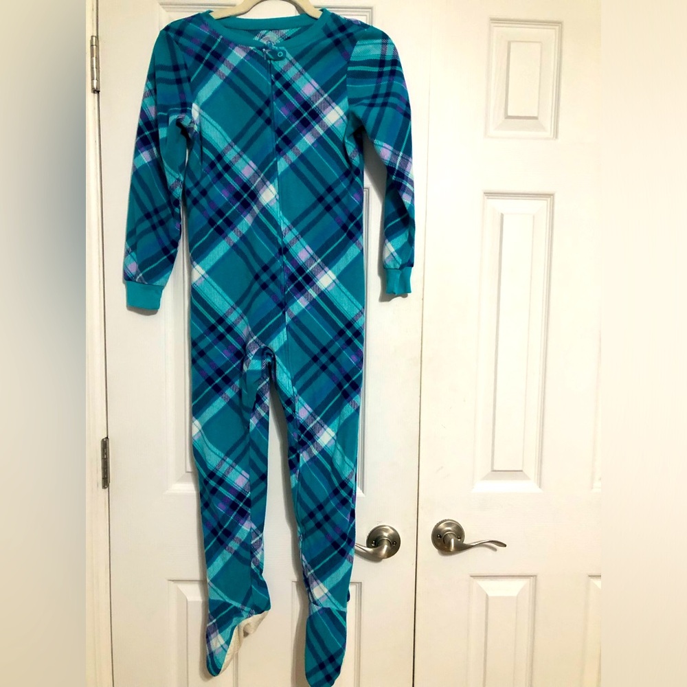 SO brand ONE PIECE zip up teal blue plaid‎ pajama girls size 7/8 with feet